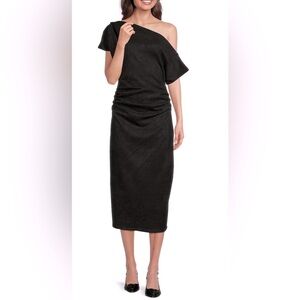 Black Faux Suede Off-the-Shoulder Ruched Midi Cocktail Dress Size L